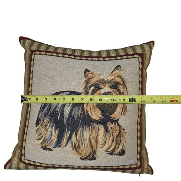 Vintage Borgata Yorkie Tapestry Throw Pillow 14" With Striped Border Dog Lover - Picture 5 of 11
